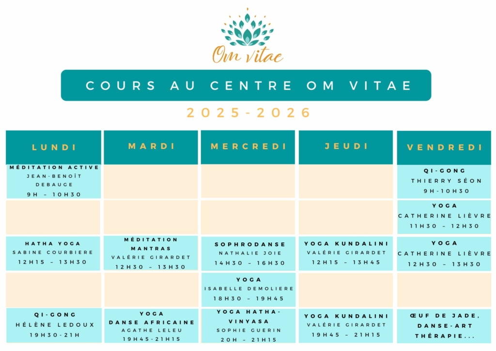Planning de cours de yoga, de danse, de qi gong du centre om vitae