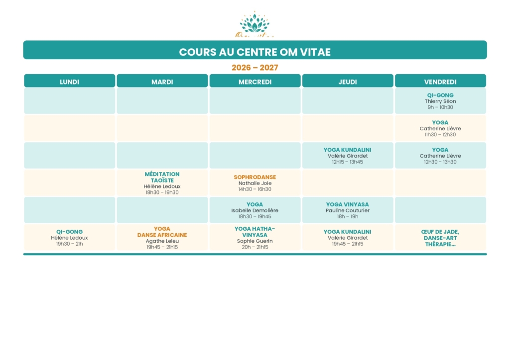 Planning des cours de yoga, qi gong et danse au Centre Om Vitae à Vaugneray